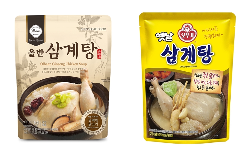 Bên trái là “Olban Samgyetang” được sản xuất bởi Shinsegae Food và bên phải là “Yetnal Samgyetang” của Ottogi. Cả hai đều là thực phẩm đã nấu sẵn. (Ảnh: Shinsegae Food, Ottoki)